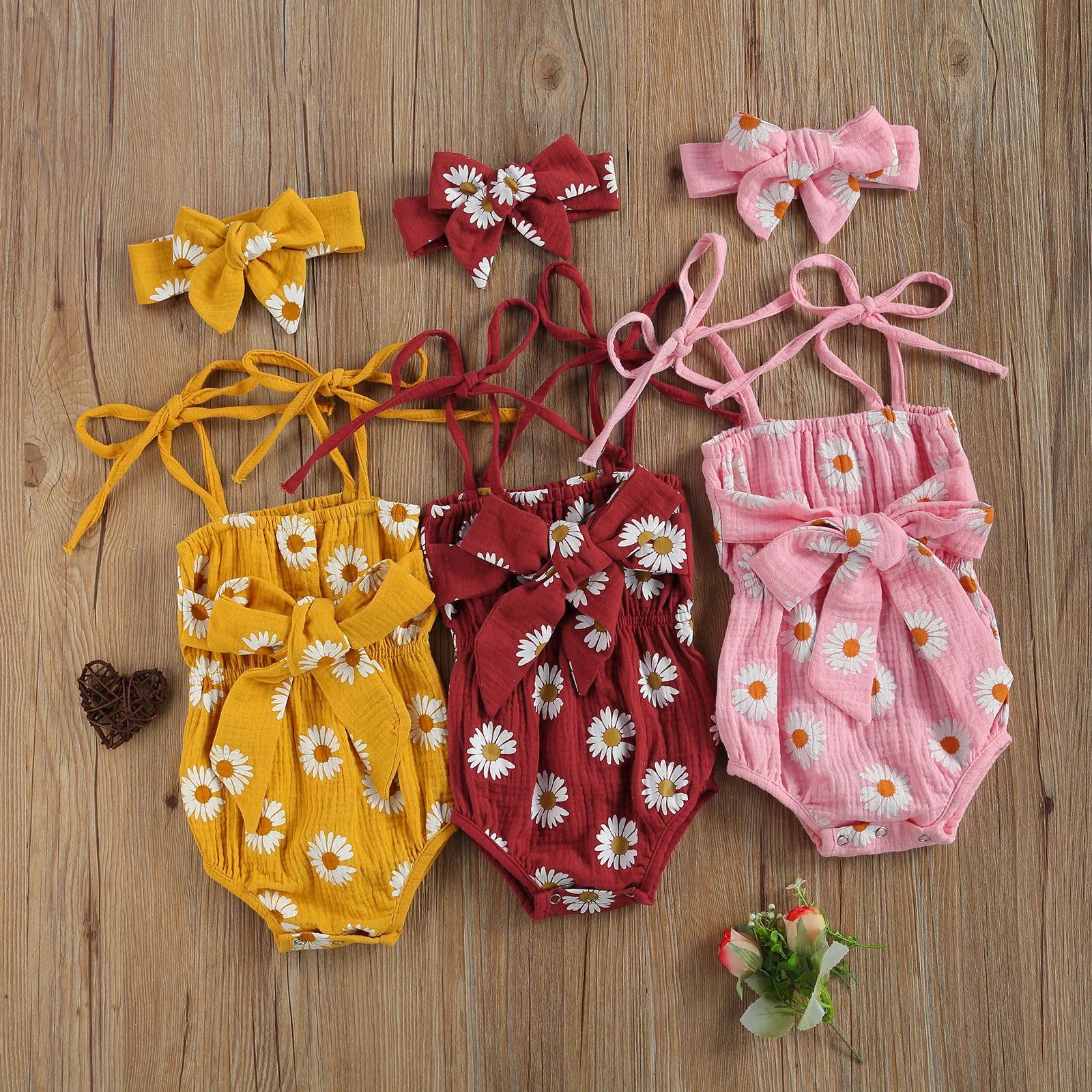 

Lovely Summer Newborn Baby Girls Daisy Print Romper Headband Cotton Linen Bowknot Sleeveless Jumpsuits Toddler Infant Clothes
