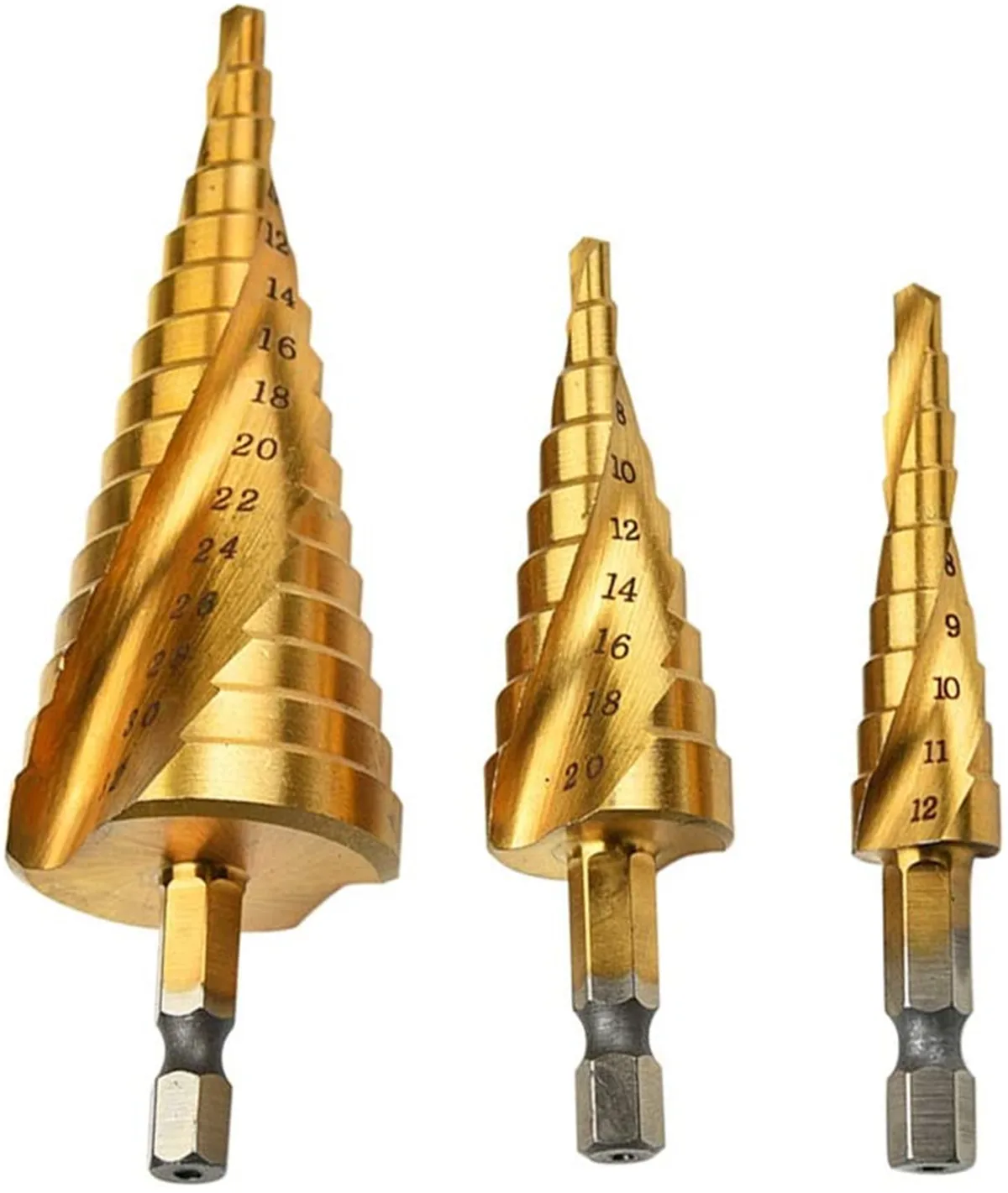 Спиральные ступенчатые сверла из быстрорежущей стали с титановым покрытием