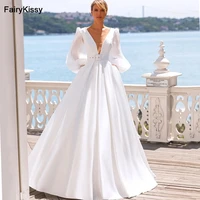 fairykissy princess wedding dresses double v neck bridal dress puff sleeve backless sweep train wedding gowns custom size