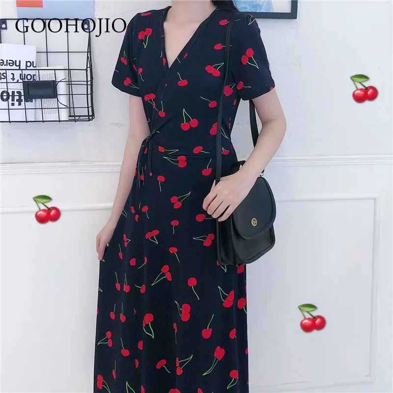 

GOOHOJIO 2021 Spring and Autum Floral Temperament Women Dress Mid-length V-neck Dresses for Women Chiffon Vintage Dress Women
