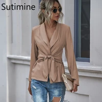 woman coat office lady jackets for women 2021 lace up solid blouses v neck womens blouse spliced slim belt woman clothing