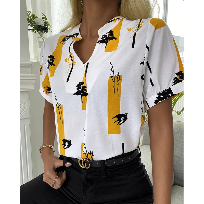 

New Fashion Women's Casual T shirts Summer V-neck Short Sleeve Printed Loose Shirt Top for Ladies Plus Size Pullover T-Shirt