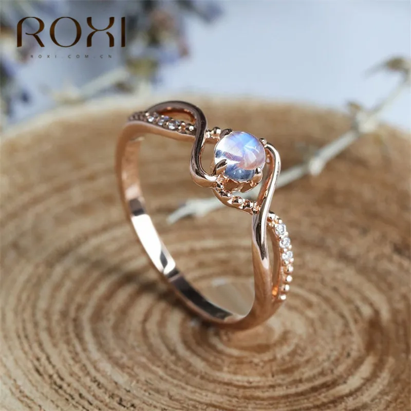 ROXI Винтажный натуральный лунный камень кольцо очаровательные обручальные кольца Anillos Свадебные ювелирные изделия Бесконечность проложить стразами и цирконием кольцо