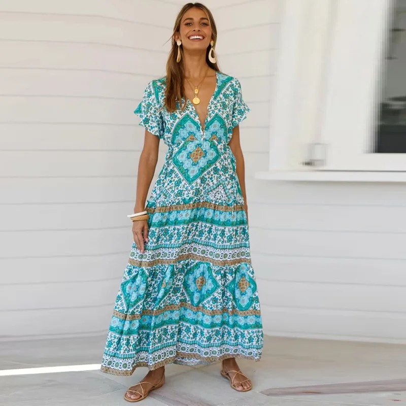 

Женское длинное платье в стиле бохо, летнее платье с V-образным вырезом, открытой спиной, эластичным поясом и цветочным принтом, с оборками и ...