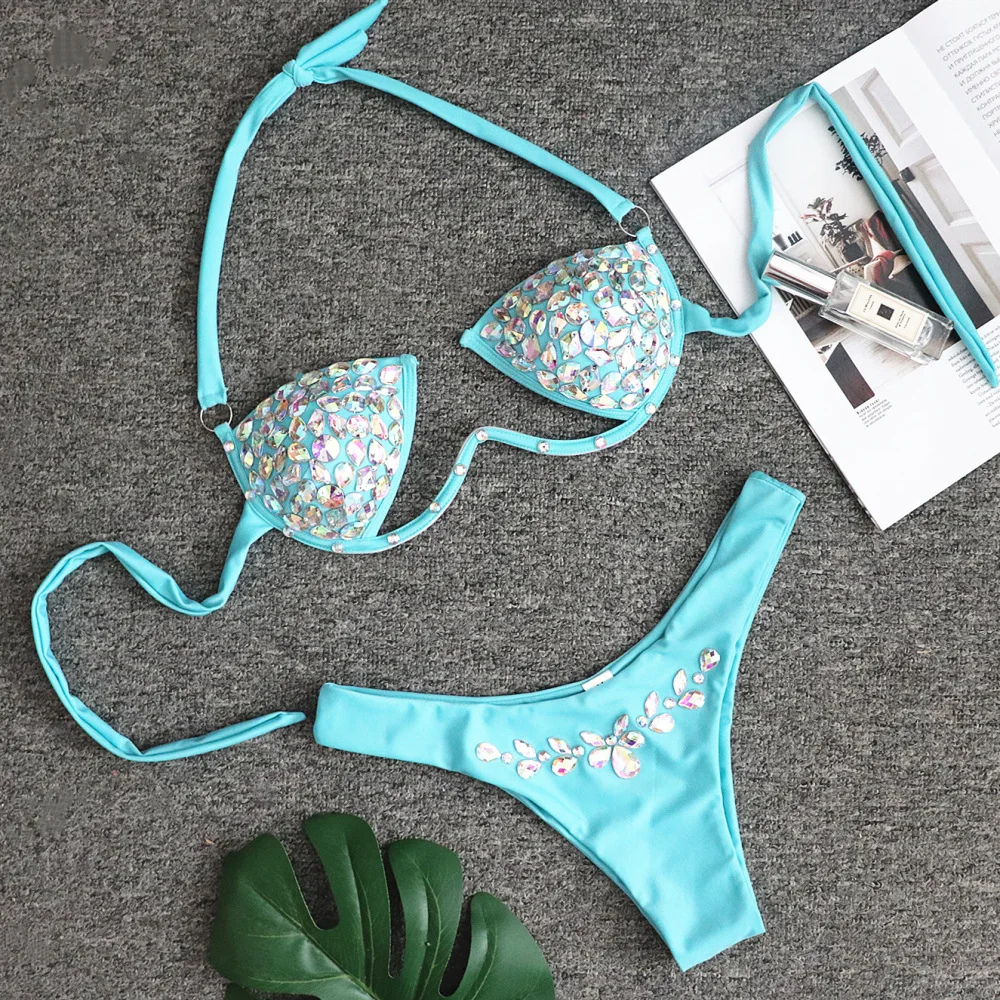 2020 New woman Beading sexy bodysuit blue green beach bikini bodycon Celebrity evening party Bandage bodysuits