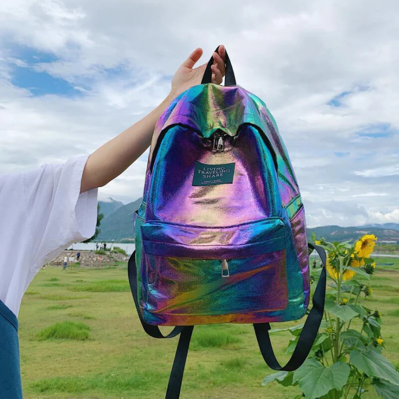 

Waterproof Laser Backbag Women Shoulder Bag Preppy Style Holographic Backpack School Bags for Teenage Girls Travel Bags