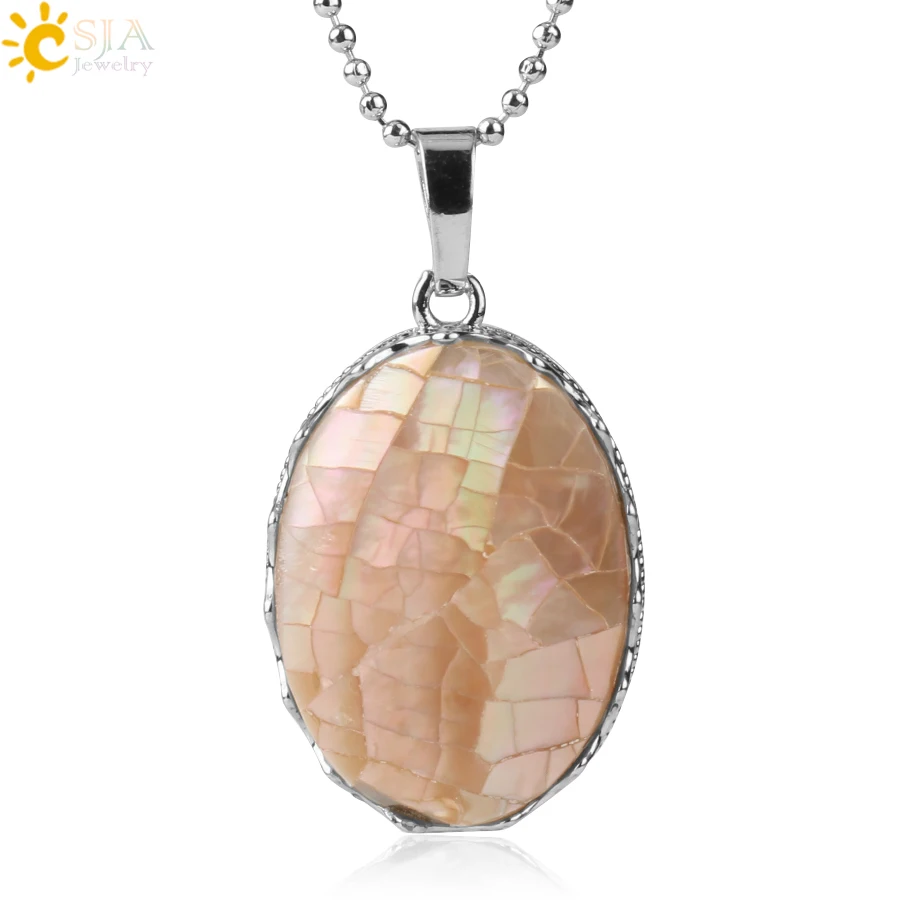 Pink-Chain Csja натуральный корпус Abalone овальное серебряное ожерелье с подвеской Цвет Корона Сплав Модные украшения для женщин девочек юбилей подарки G208 - Окраска металла: Pink-Chain