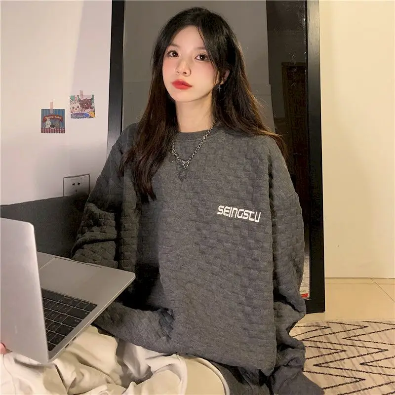 

Oversized Sweatshirt Spring 2021 New Summer Tops Letter Pullover Korean Fashion Plush Women's Sweatshirt Grey Clothes Harajuku