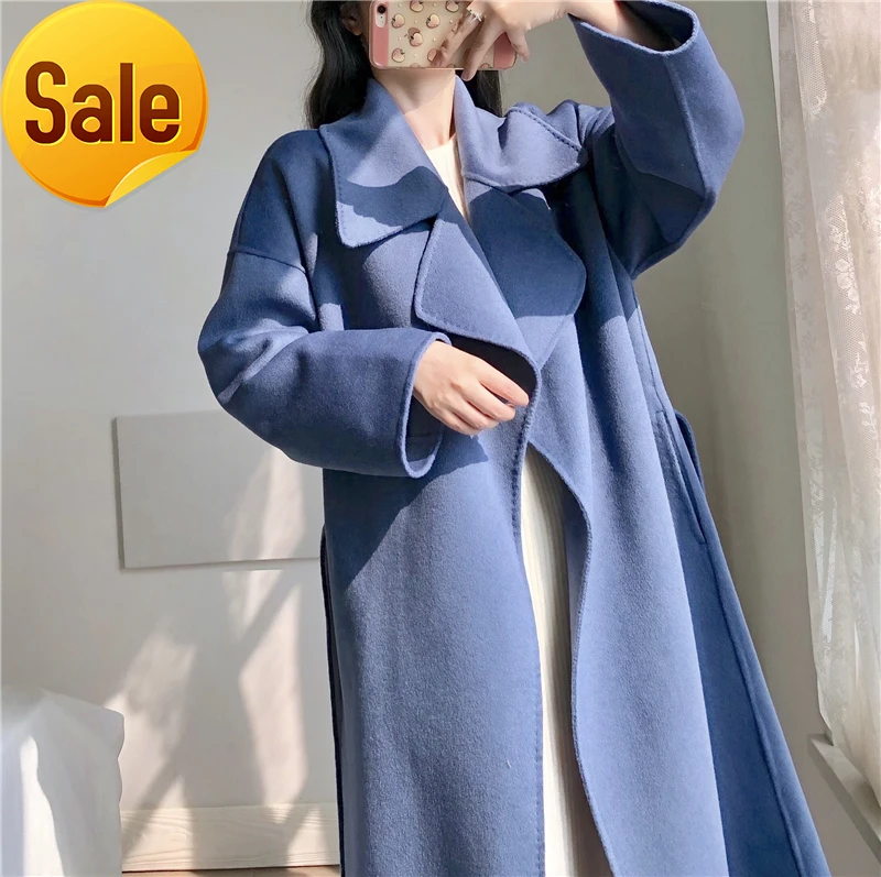 

Кашемировое Женское пальто с отложным воротником, двустороннее зимнее новое шерстяное пальто ручной работы в Корейском стиле средней длин...