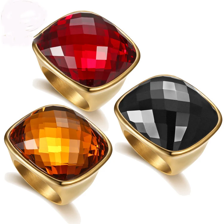 

New Big Color Crystal Jewelry Finger Rings Gold Color Titanium Steel Rings Casting Ring For Man And Women Free Shipping