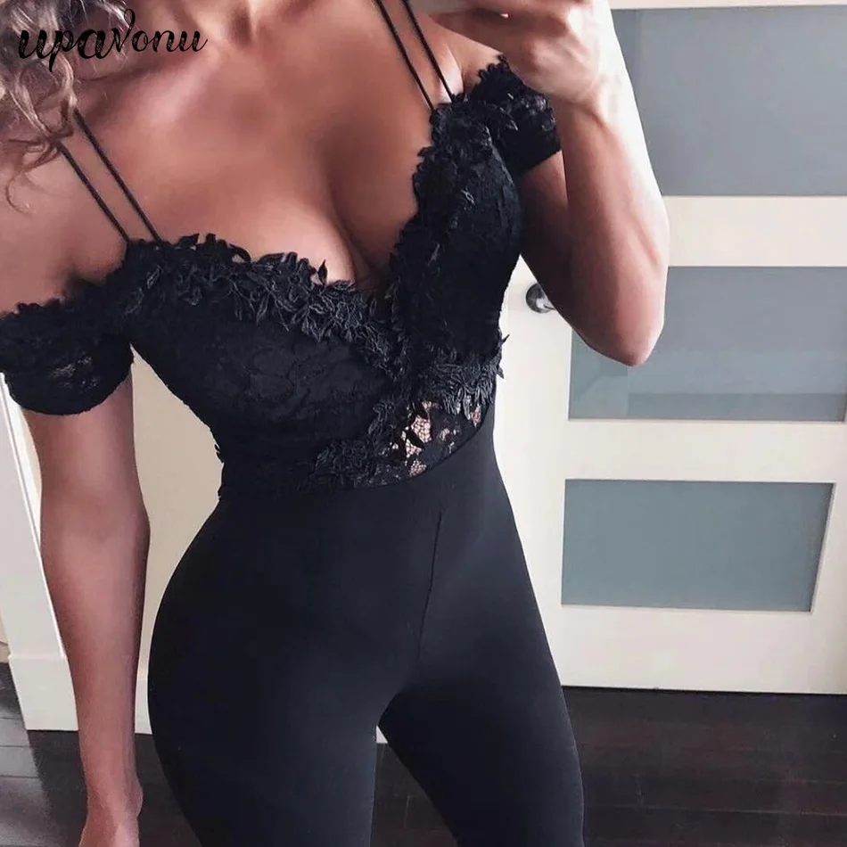 

UpAvonu Bandage Jumpsuit 2020 New Arrivals Summer Black Women Bandage Bodysuit Off Shoulder Lace Sexy Bodycon Bandage Jumpsuit