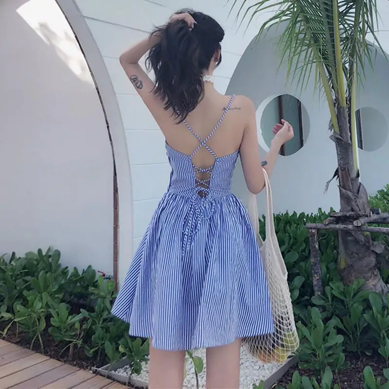 2020 летнее сексуальное платье без рукавов с открытой спиной в полоску для