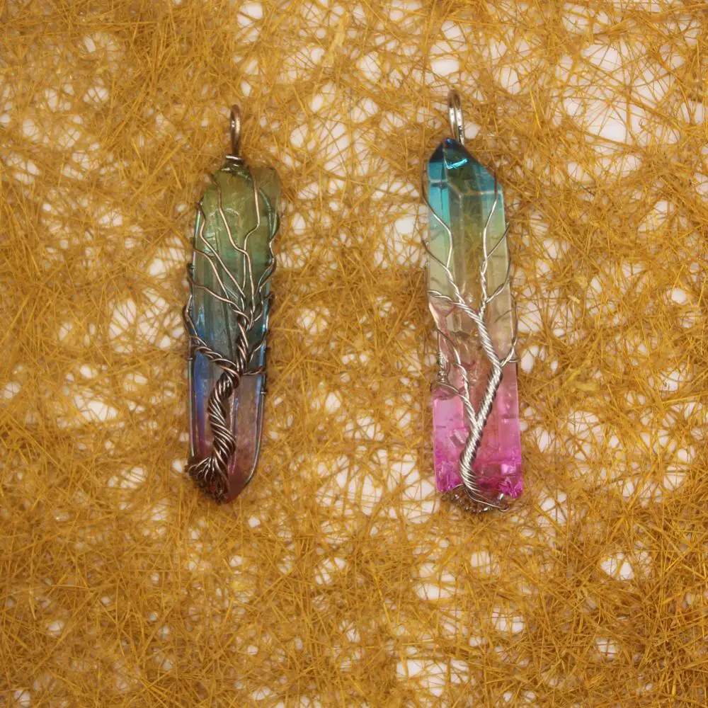 

6PCS Pure Natural Colorful Crystal Quartz Pillar Stone Necklace Pendants Tree of Life Healing Pendant 100% Handmade Jewelry