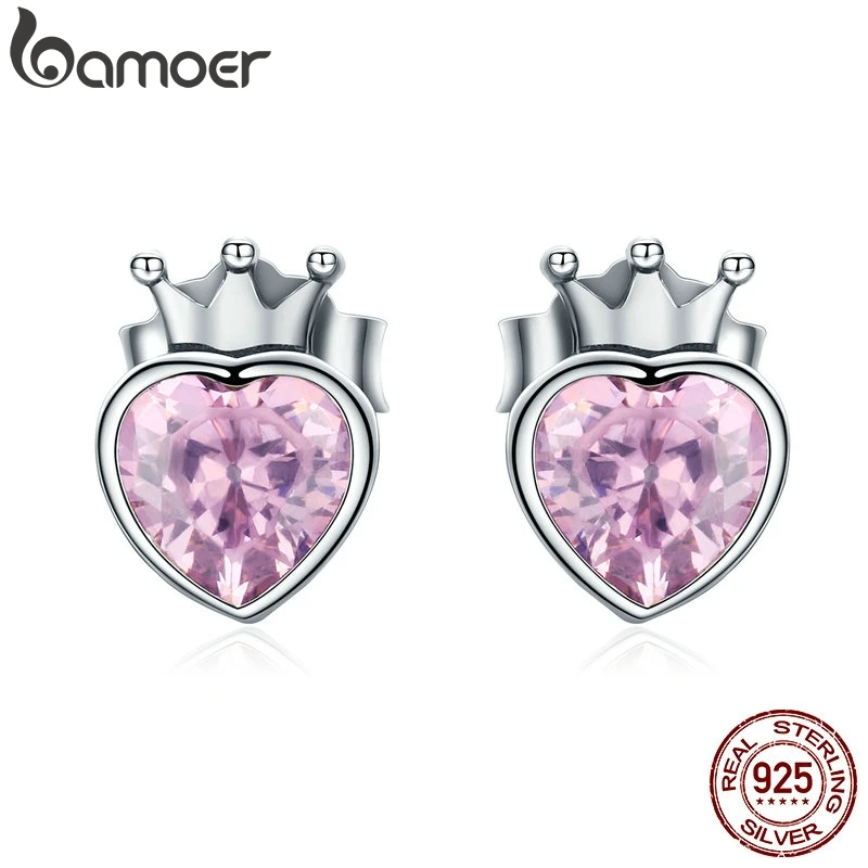 BAMOER подлинные 925 пробы серебряные милые розовые серьги-гвоздики в форме сердца короны для женщин Роскошные серебряные ювелирные изделия Bijoux подарок SCE174