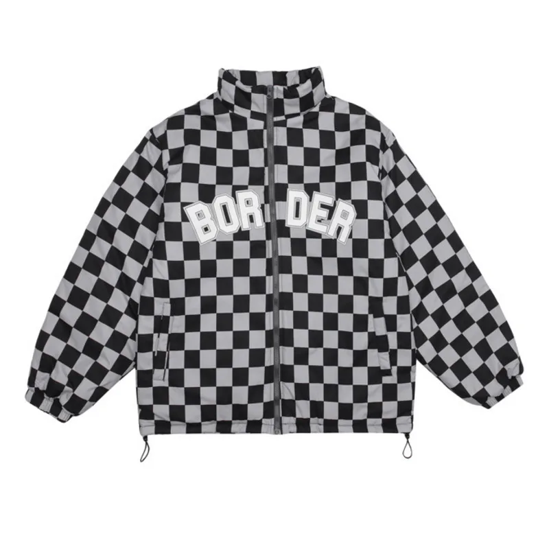 

Hip Hop Vintage Street Work Winter Parkas Coat Men and Women Harajuku Plaid Print Streetwear 2021 Winter Warm Jackets Couples