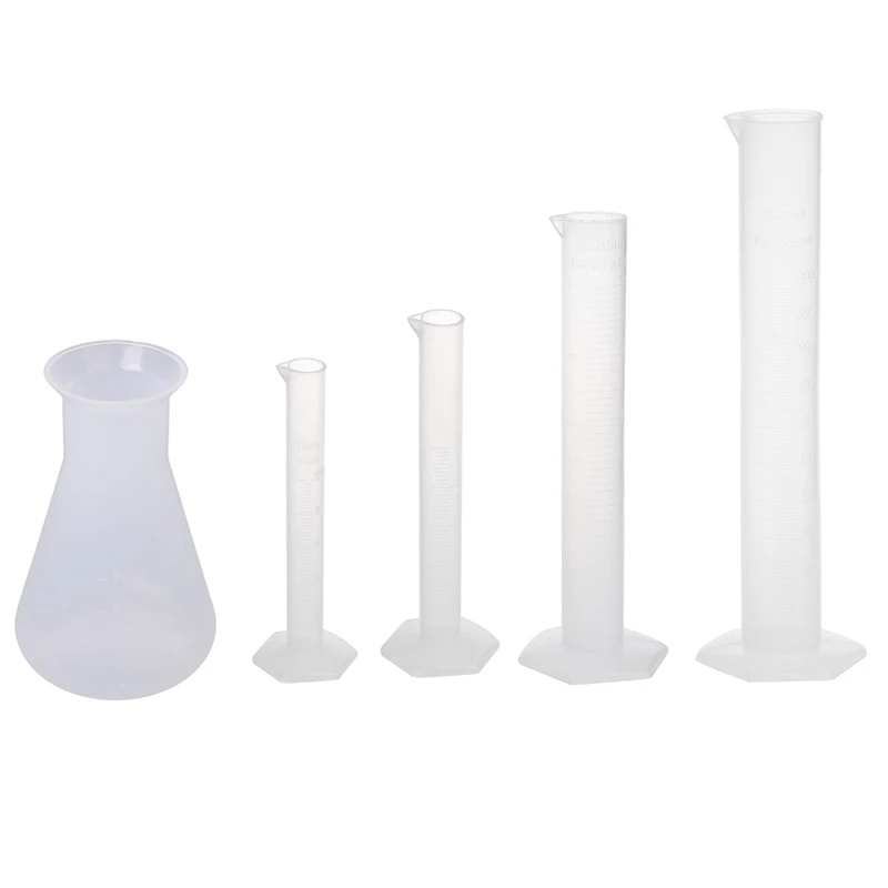 

4 шт прозрачный пластиковый измерительный цилиндр и 1x пластиковый прозрачный лабораторный химический Erlenmeyer фляги контейнер бутылка-2
