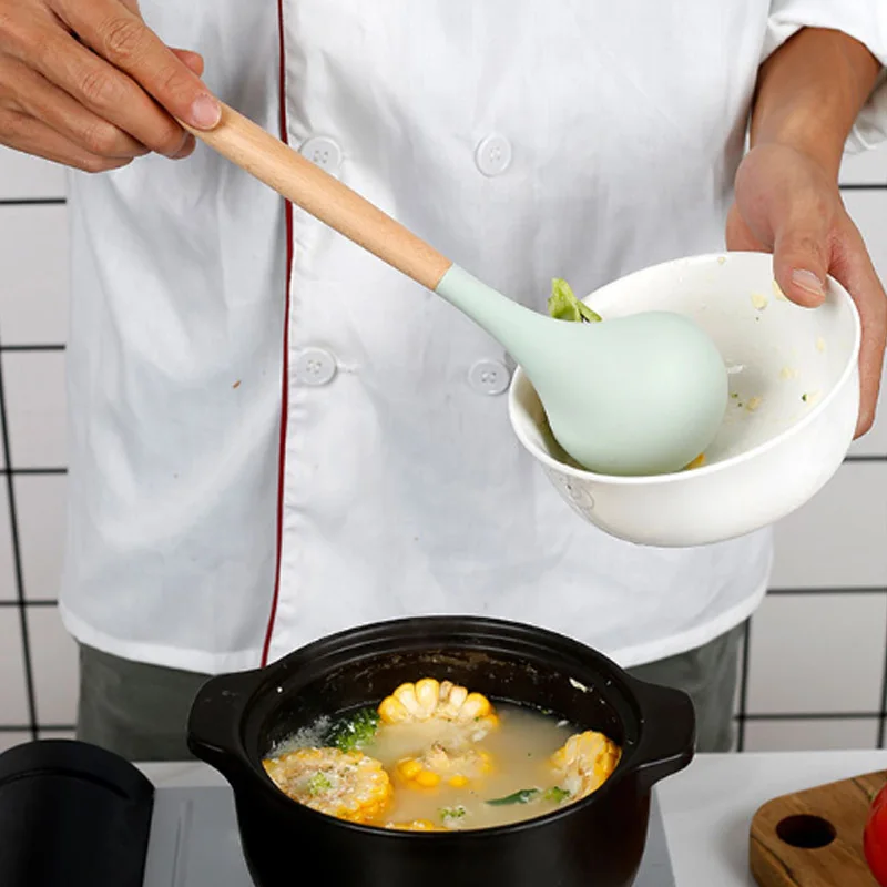 

1PC Silicone Cooking Utensils kitchen Accessories Set Tool Ladle Egg Beaters Shovel Cooking Non-stick Wooden Handle Spatula NEW