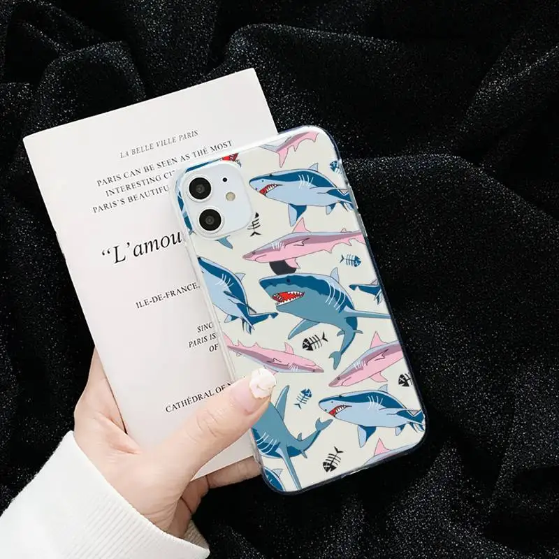 

Cute cartoon shark animal Pink blue Phone Case Transparent soft For iphone 5 5s 5c se 6 6s 7 8 11 12 plus mini x xs xr pro max