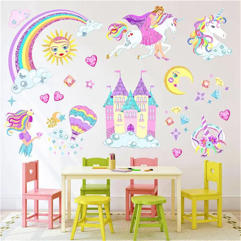 Большая Принцесса Замок Фея Единорог детская комната настенные наклейки