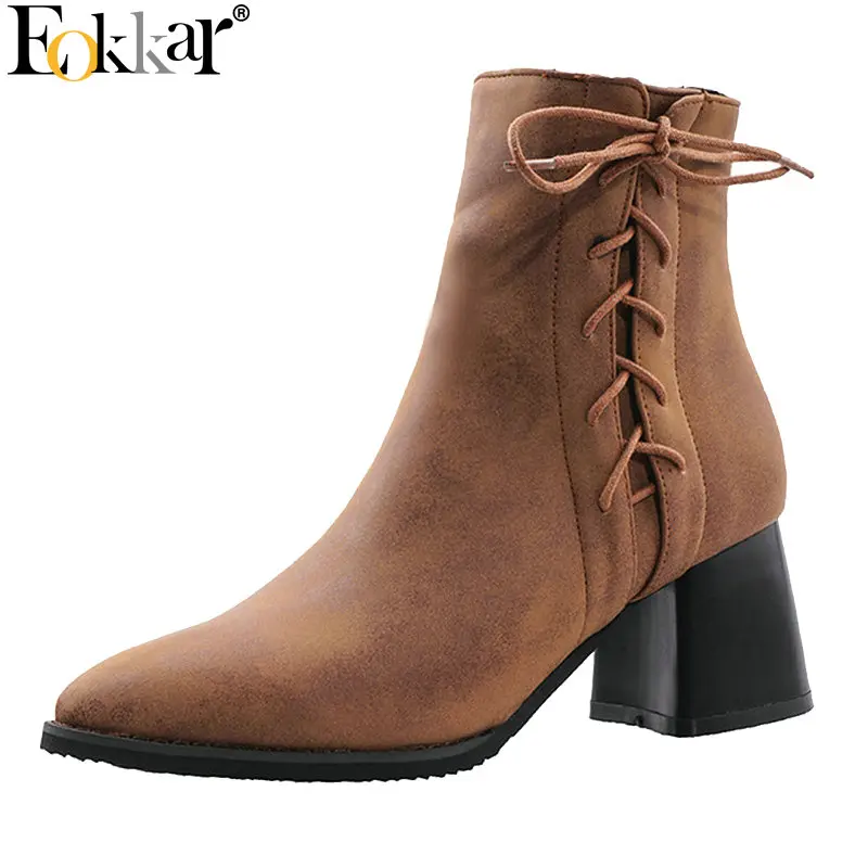 

Eokkar 2020 Women Ankle Boots Square High Heel Round Toe All Match Elegant Winter Boots Shoes Zipper Ladies Boots Size 34-43