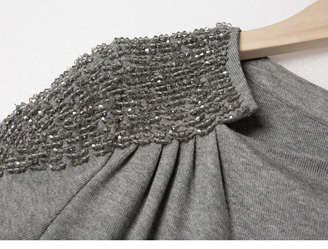 

Gray Black Cotton T-shirt Women's Beadings Short Sleeve Summer 2021 Female Casual Tops
