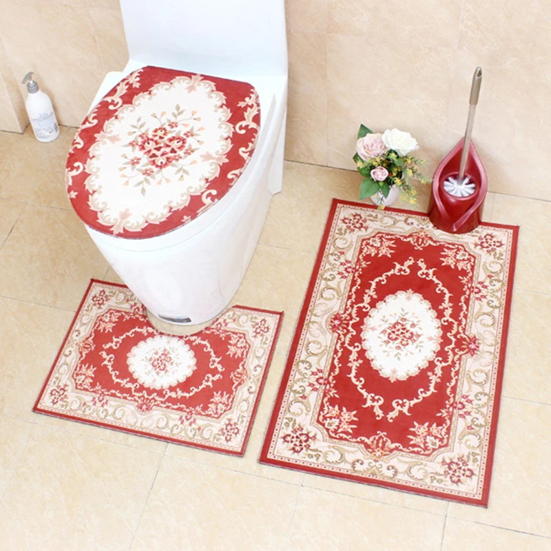 

European Classtic Style Bathroom Mat Set Retro Bath Mats Lid Cover Set U-Shape Non-Slip Toilet Rug Absorbent Hallway Carpet New