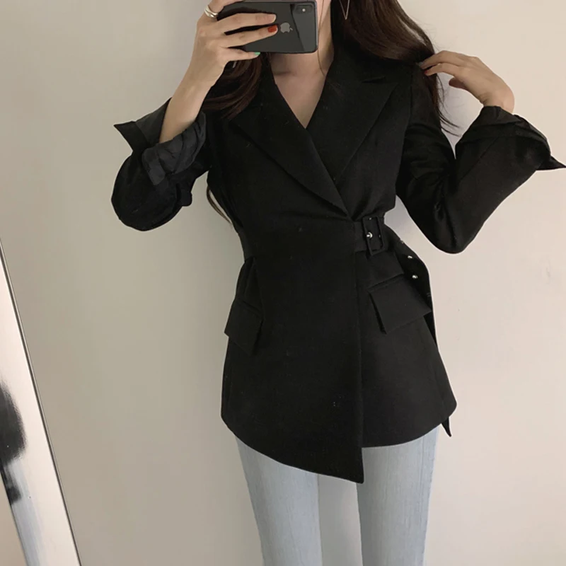 Женский приталенный Блейзер с поясом черный пиджак в стиле ретро верхняя одежда