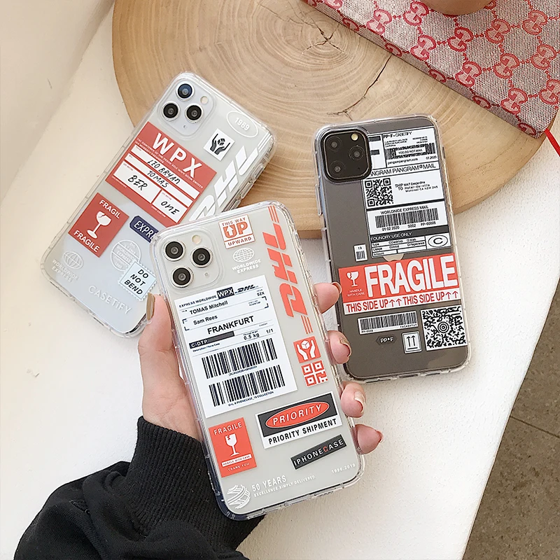 

Ins DHL Express label Bar code phone case for iphone 11 pro X XR XS MAX 6S 7 8 Plus Fashion Clear Soft Silicone back cover coque