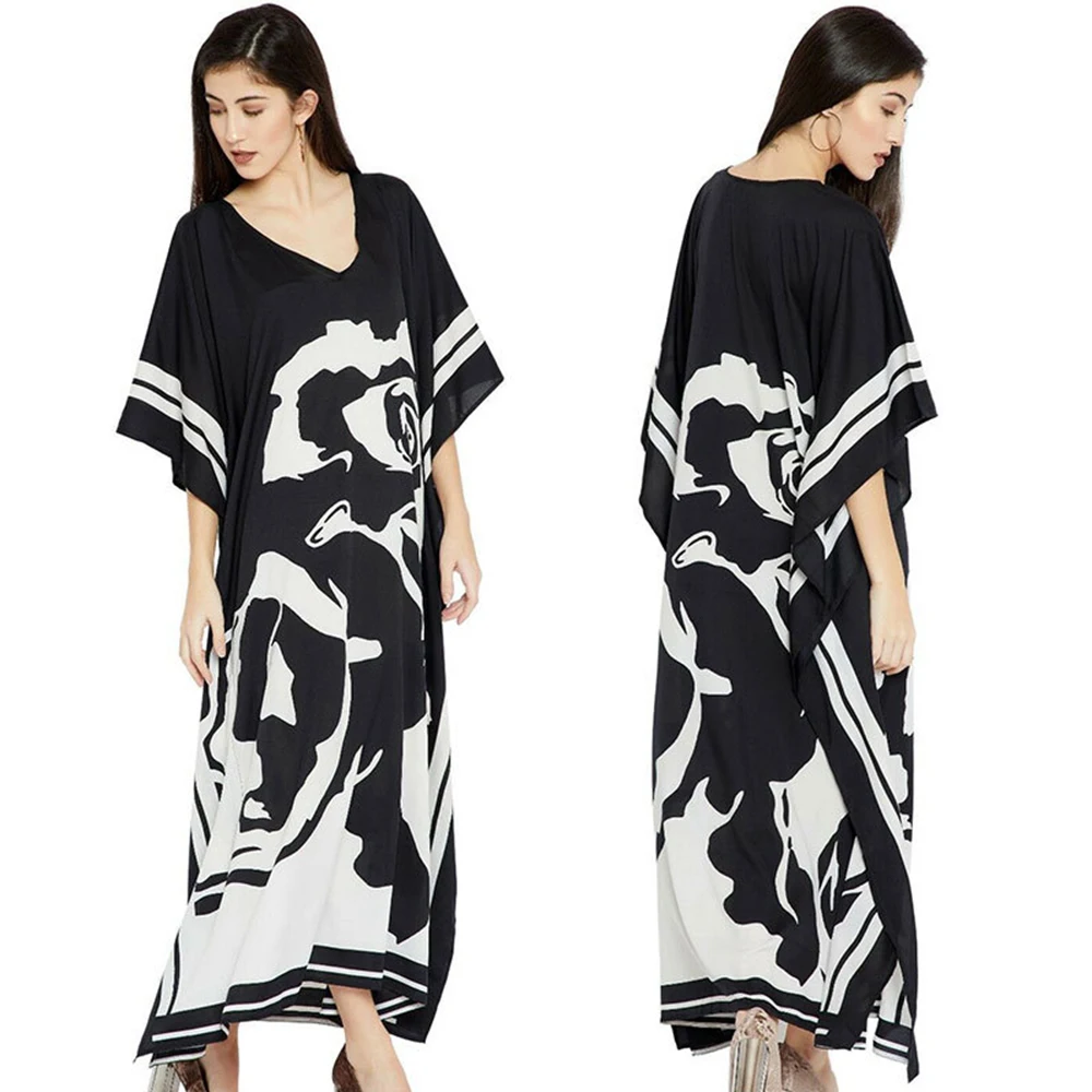 

New Black Floral Print Beach Cover Up Quick-Drying Bohemian Print V-Neck Summer Dress Beach Tunic Women Beachwear Kaftan