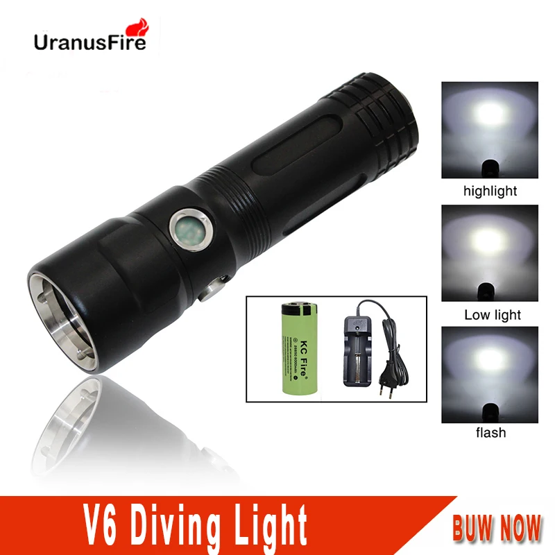 

Uranusfire Scuba Diving Flashlight LED Waterproof V6 2000 lumens Powerful Portable tactical lights 18650 26650 dive torch