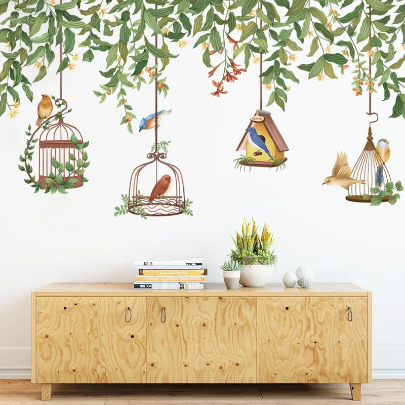 

Fresh Green Leaves Wall Stickers for Living Room Kitchen DIY Vinyl Wall Decals Creative Bird Cage Door Murals Wall Decoration