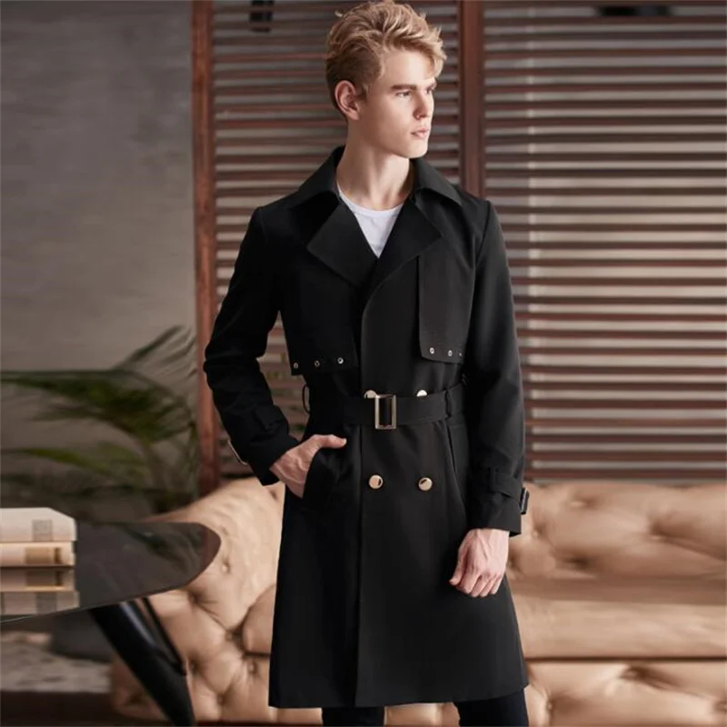 

Knee-length trench coat men's jaqueta masculina тренч chaquetas hombre autumn and winter new style belted big lapel solid color