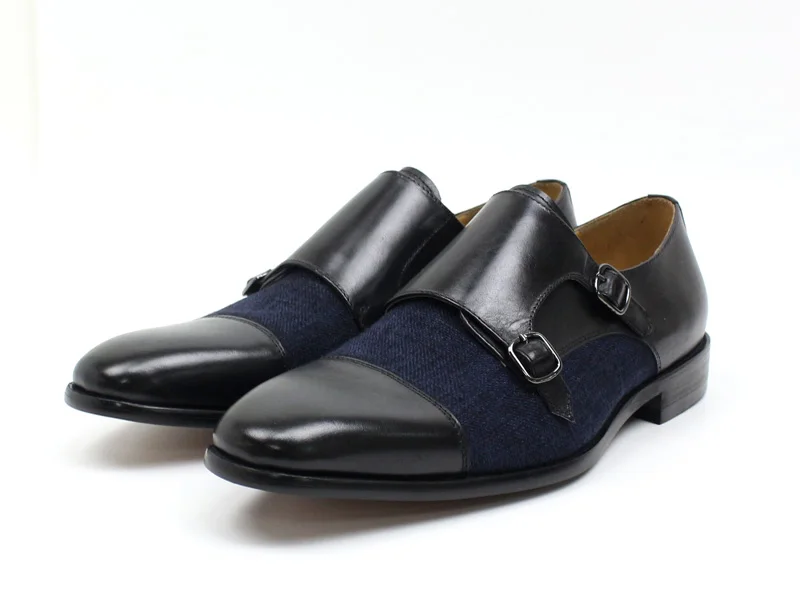 DANIEL WAFER Brand Designer Monk Strap Mens Dress Shoes Genuine Leather With Denim Black Brown Wedding Party Dress Shoes Men