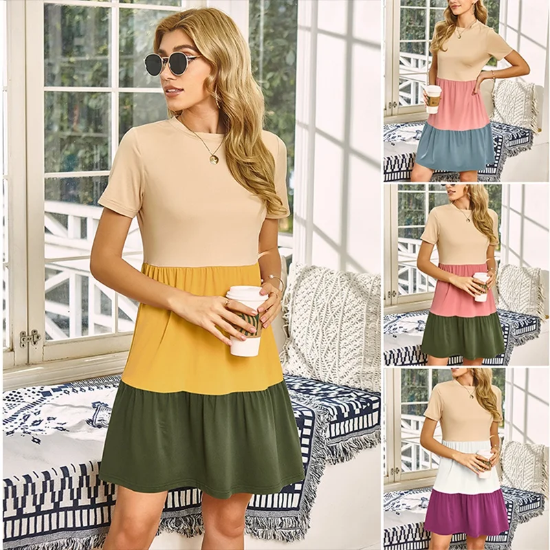 

Hot Kf-Women's Round Neck Short Sleeve Stitching Color Hedging Mid-Length Dress