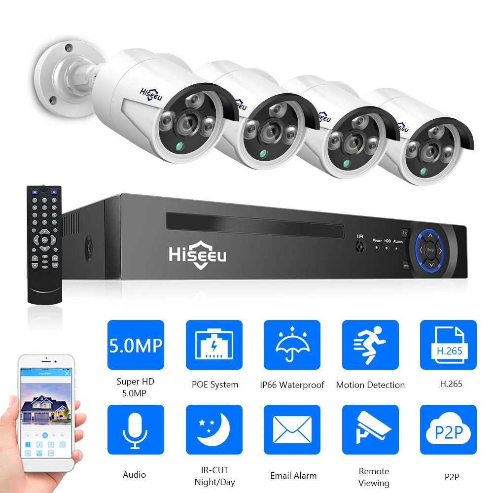 

5MP 4CH PoE Security Camera System 4pcs Outdoor PoE IP Cameras support Night Vision,Motion Detection,Remote Access