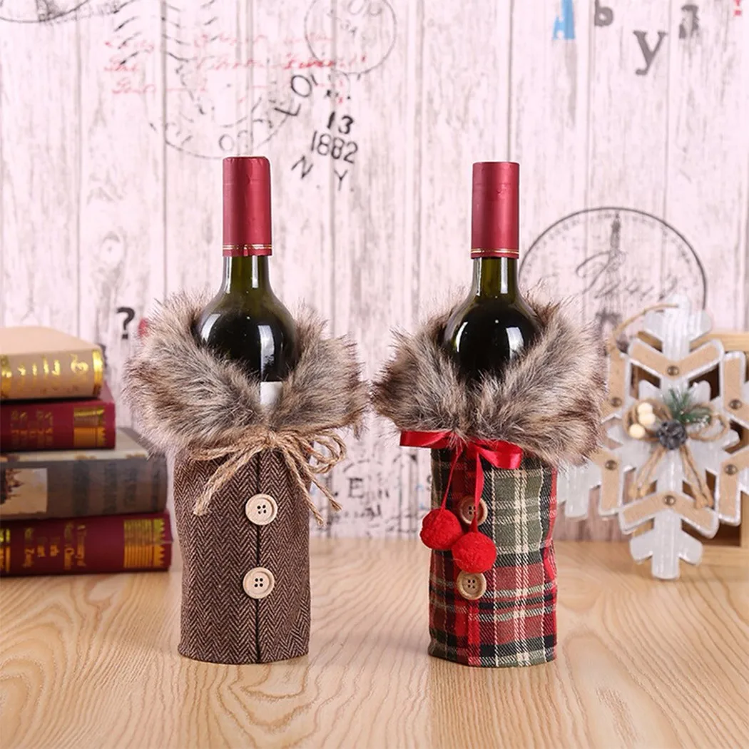 

Christmas Red Wine Bottle Cover Santa Claus Burlap Gift Bow Wines Cloth Bag Plaid Dust Cover Xmas Navidad Noel Christmas Decor