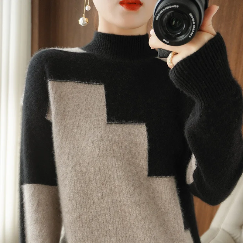 

Pullover Ladies 100% Pure Wool Sweater Color-blocking Knitted Long Sleeve Half Turtleneck Cashmere Sweater New Loose plus size