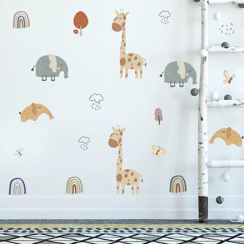 Cartoon Animals Wall Stickers For Baby Kids room Children Bedroom Decor Giraffe Elephant Decals Home Wallpapers | Дом и сад