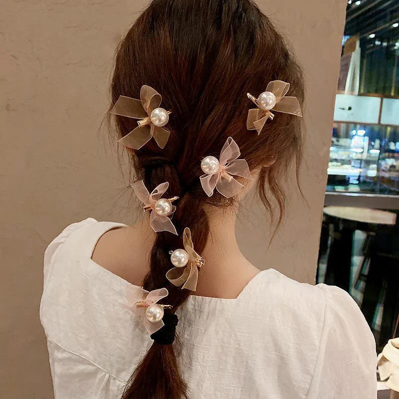 

2 Pcs/set Mini Mesh Yarn Hair Pins with Pearl Girls Hairpins Sweet Hair Clips Women Hair Accessories Handmade Headwear Wholesale