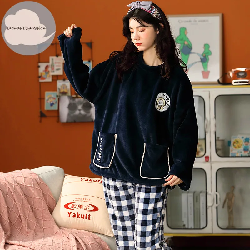 

Pullover Coral Fleece Pijamas Mujer Fashion Homewear Sets Winter Warm Thicken Elegant Women's Sleepwear Pajamas Lady Pajama Set