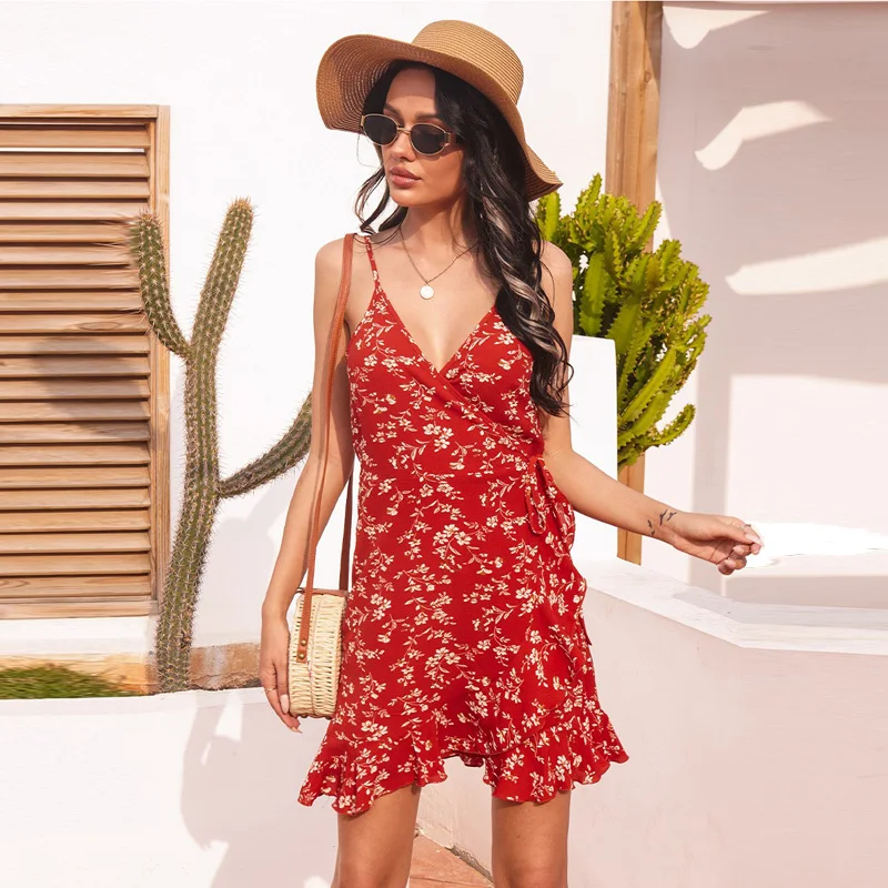 

Woman V-Neck Ruffles Dress Floral Sling Holiday Casual Dress High Waist Print Sleeveless For Women Midi Dress 2021 Summer New