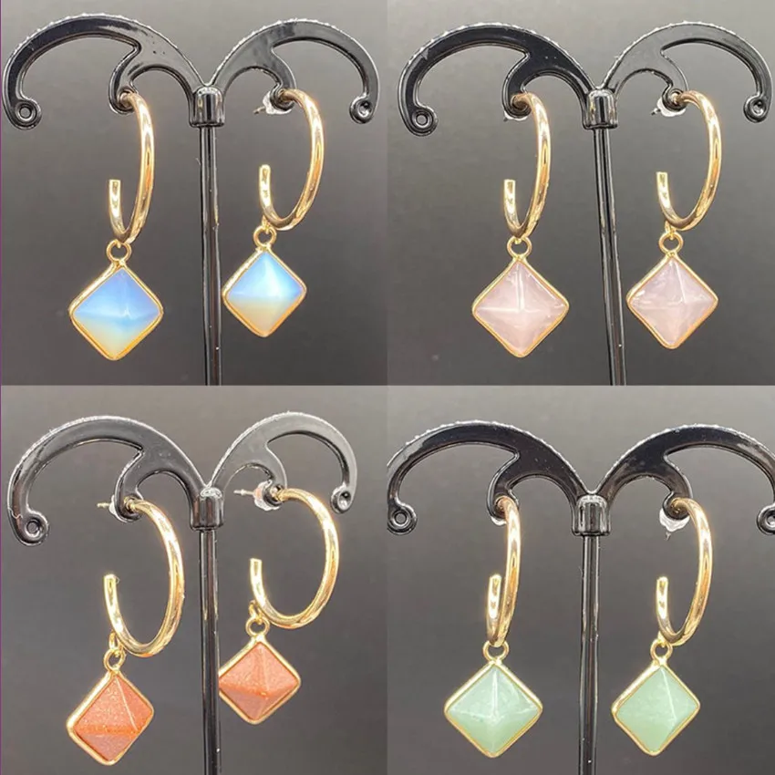 FYJS Unique Light Yellow Gold Color Square Pyramid Green Aventurine Dangle Earrings Golden Sand Stone Jewelry | Украшения и