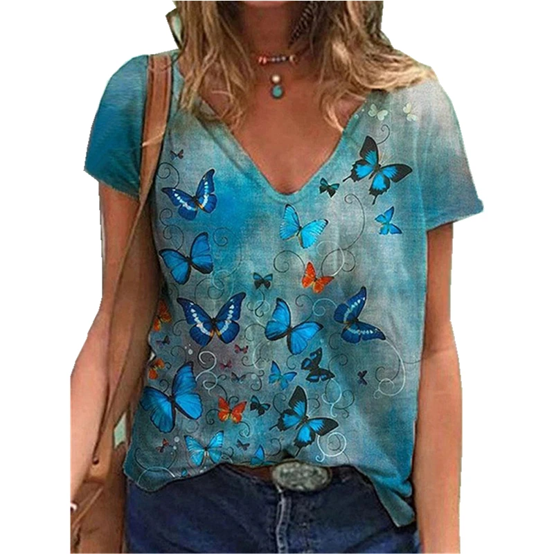 

Women Summer Short Sleeve Butterfly Printed V-Neck Tops Casual Loose T-Shirts Plus Size Streetwear Pullover Top Tee