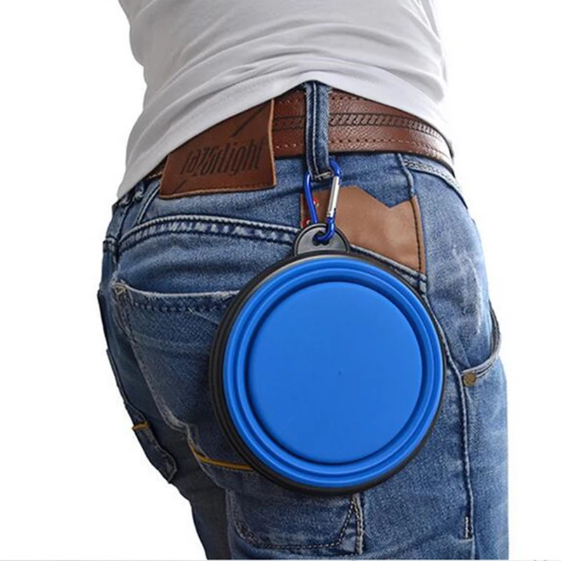 Силиконовая миска для кормления собаки с карабином для переноски и складывания, емкость для пищи и воды для путешествий с кошкой, принадлежности для животных.