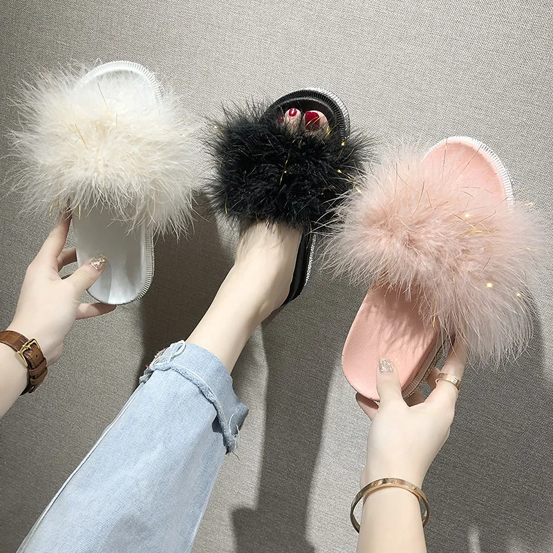 

OIMG Women's Shoes Slippers Women Home Furry Flat Sandals Female Cute Fluffy House Rhinestone New Slippers Zapatillas Mujer