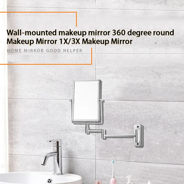  Espejo de baño para uso doméstico, aumento 3X/5X, rotación de  360 grados, brazo extensible, redondo, ligero, espejo de maquillaje montado  en la pared para baño y hotel (color plateado, tamaño: 3X) 