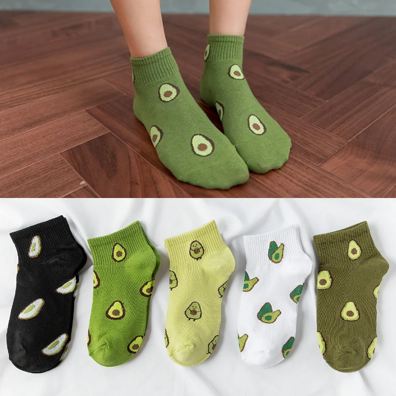 5 pairs of Women Short Japanese Cartoon Strawberry Fruit Avocado Socks French Fries Burger Cola Playing Cards Funny Ankle Socks