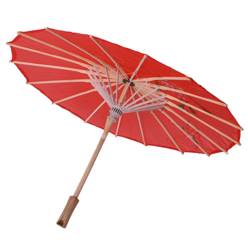 

Flower Print Red Cloth Bamboo 21" Dia Chinese Oriental Umbrella Parasol