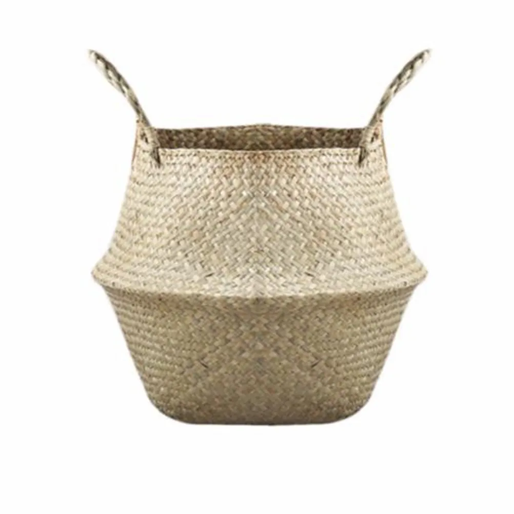 

1PCS Storage Basket Foldable Laundry Straw Patchwork Wicker Rattan Belly Garden Flower Pot Vase Planter Handmade Basket