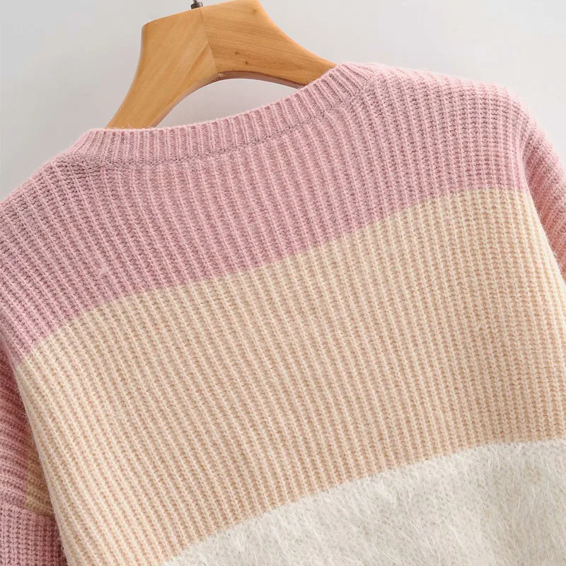 

Round Neck Long Sleeve Pullover Knit Color Block College Style Female Sweater Korean Harajuku Striped Warm Women's Sweater